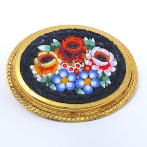Vintage Italian Micro Mosaic Black Floral Rose Pin Brooch Goldstone Oval